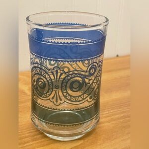 Vtg Libbey Small Juice Glass  Blue & Green Swirl Design Paisley 3.5" Tall